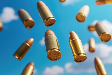 A dynamic scene featuring falling bullets against a blue sky, capturing the essence of action and tension.