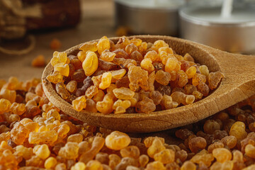 Natural Aromatic Frankincense and Myrrh Resin with Wooden Spoon on Rustic Table