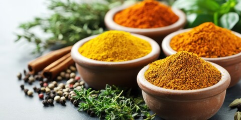 Colorful spices and herbs in bowls on a dark countertop.