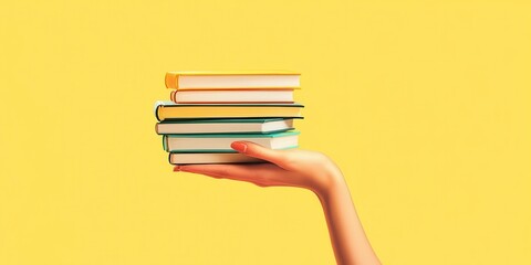 Colorful stack of books held by a hand against a bright yellow background.