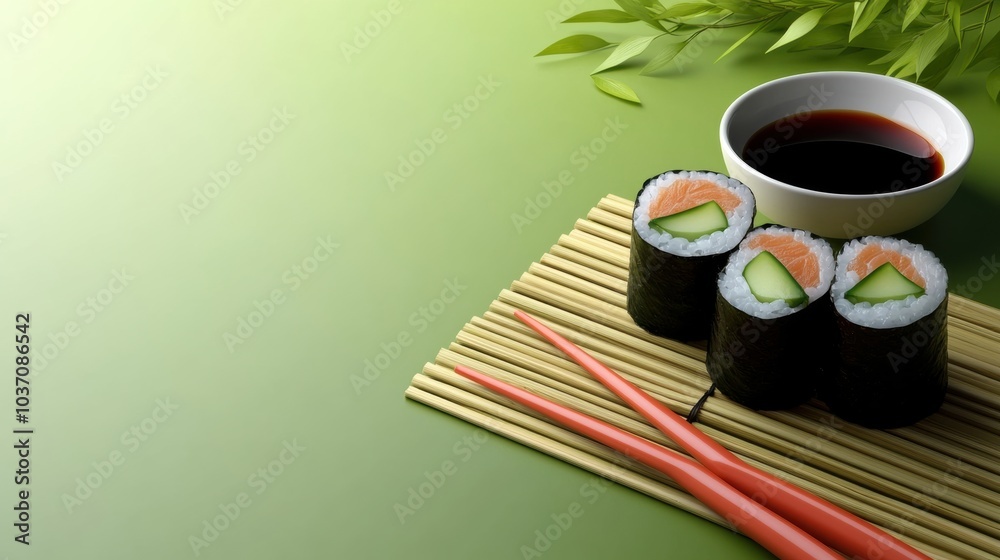 Poster this composition features delectable sushi rolls with cucumber, accompanied by a bowl of soy sauce a