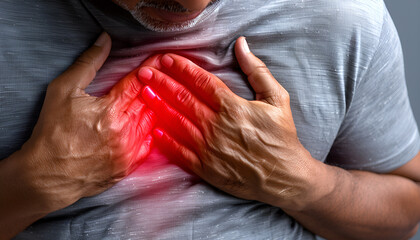 Heart attack. Man suffering from severe pain and pressing hands to chest on grey background, closeup. Banner design