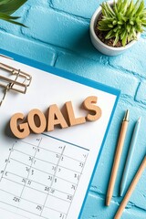 A visually appealing workspace featuring a goals planner with wooden letters, desk accessories, and a vibrant blue backdrop.