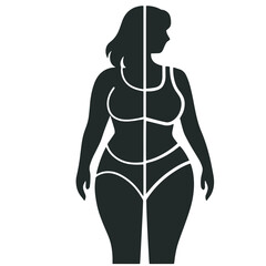 Fototapeta premium silhouette style image of a woman before and after weight loss. The image is in a flat style. The woman is shown as a thin silhouette before weight loss and a slim silhouette after weight loss