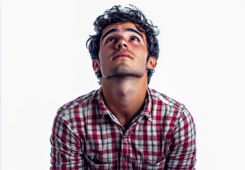 Fototapeta premium Man in a checkered shirt looking up, isolated on a white background.