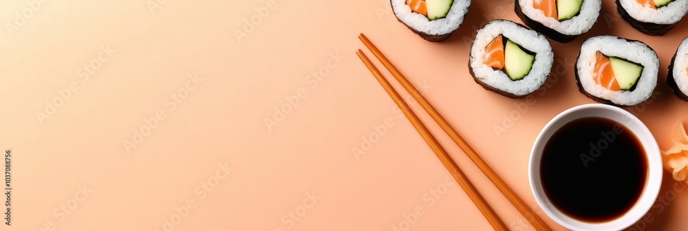 Aufkleber A vibrant sushi roll with cucumber is served alongside a bowl of soy sauce and chopsticks, creating an inviting dining experience. Generative AI