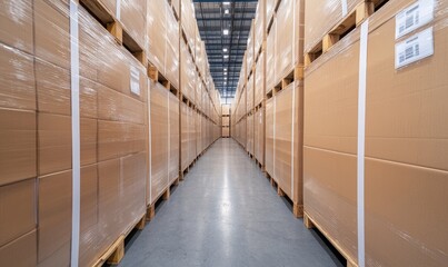 A wide view of a storage warehouse lined with neatly stacked cardboard boxes, showcasing organized logistics and inventory management.
