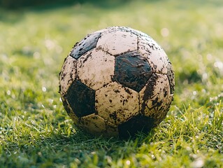 Muddy Soccer Ball on Grassy Field Representing Grit and Determination of the Game