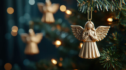 Close up of glowing angel ornaments hanging from Christmas tree, creating warm and festive atmosphere. delicate details of ornaments shine beautifully against soft background lights