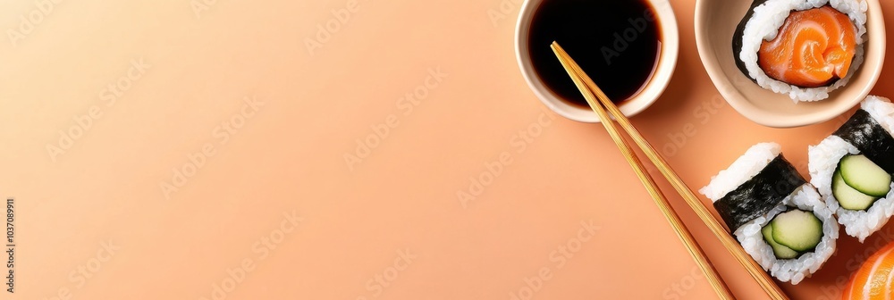 Aufkleber a fresh sushi roll made with cucumber and rice sits next to a bowl of soy sauce and chopsticks, read