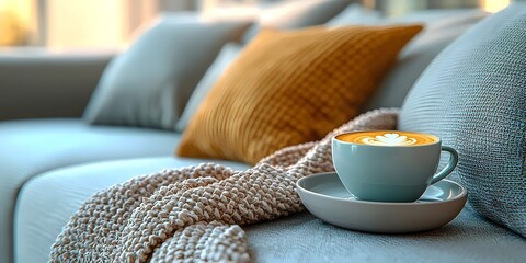 A cozy scene featuring a warm cup of coffee on a soft couch adorned with decorative pillows and a knitted blanket, creating a relaxing atmosphere.