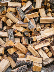 Man's Hands Stacking Chopped Firewood in a Woodpile Outdoors in Rural Countryside Background