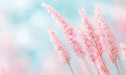 Naklejka premium Delicate pink flowers sway gently, creating a serene and dreamy atmosphere with a soft blue background.