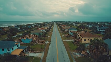 Severe Hurricane Damage  with Fallen Trees and Power Lines Blocking Street, Natural Disaster Aftermath Depicts Urban Devastation