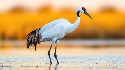 Elegant crane standing by the water, showcasing its stunning white feathers and red crown in a serene natural setting. © Autaporn