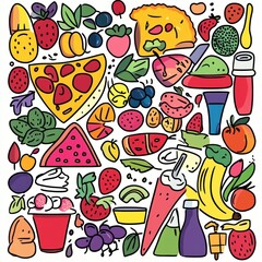 Fototapeta premium Colorful doodles showcase a variety of delicious foods, including pizza, ice cream, fruits, and refreshing beverages arranged creatively. Generative AI