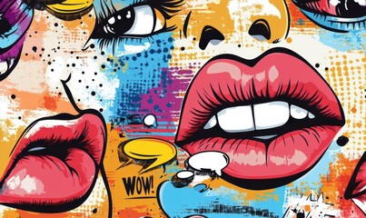 A vibrant pop art collage featuring bold lips and expressive eyes with comic-style speech bubbles.
