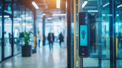 A biometric scanner at an office entrance, illustrating the use of technology to monitor worker attendance