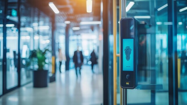 A biometric scanner at an office entrance, illustrating the use of technology to monitor worker attendance