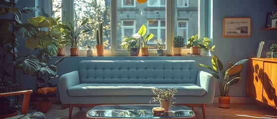 A cozy living room featuring a light blue tufted sofa surrounded by lush greenery. Natural light floods the space, creating a warm and inviting atmosphere.