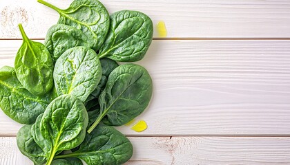 Obraz premium Fresh green spinach leaves arranged on a rustic white wooden surface, perfect for a vegetable background.