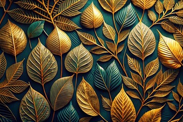 Abstract Art Background with Golden Tree Leaves for Botanical Poster Design in Textile and Interior Decor