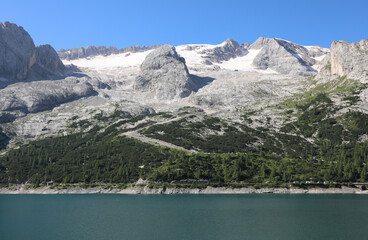 marmolada mountain in the alps in northern italy with a glacier shrinking every year due to global warming