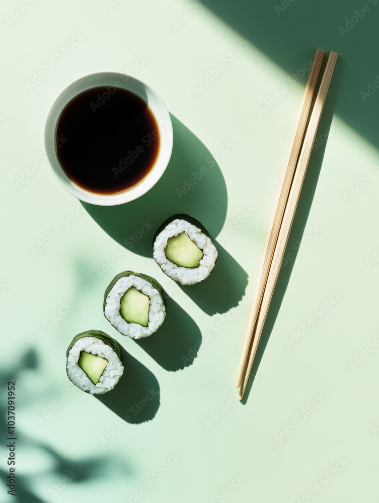 Aufkleber A sushi roll filled with cucumber is neatly placed beside a bowl of soy sauce and chopsticks on a vibrant surface with shadows. Generative AI