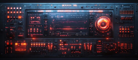 A futuristic control panel with glowing red lights and various buttons and screens.