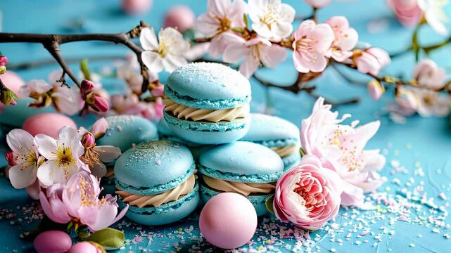 blue macarons and flowers on the table