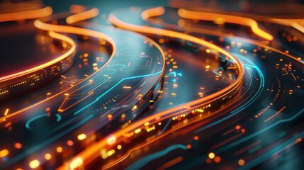 Digital Race Track: Futuristic Business Competition with Glowing Data Paths for Tech-Driven Success