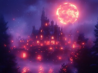 Naklejka premium a castle with red lights and a moon in the background