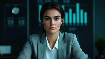 Fototapeta premium A focused woman in a stylish blazer sits in an office, surrounded by digital graphs and clocks, conveying a sense of professionalism and determination.