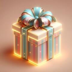 Pastel Christmas Gift Box with Bow and Glowing Edges on Beige Background - Christmas gift box