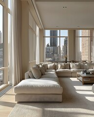 A spacious, modern living room featuring a light beige sectional sofa, large windows with city views, and soft natural light creating an inviting atmosphere.