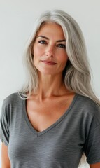 Obraz premium A woman with gray hair and a grey shirt.