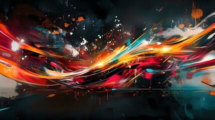 Graffiti artwork layered with digital distortions and glowing light trails