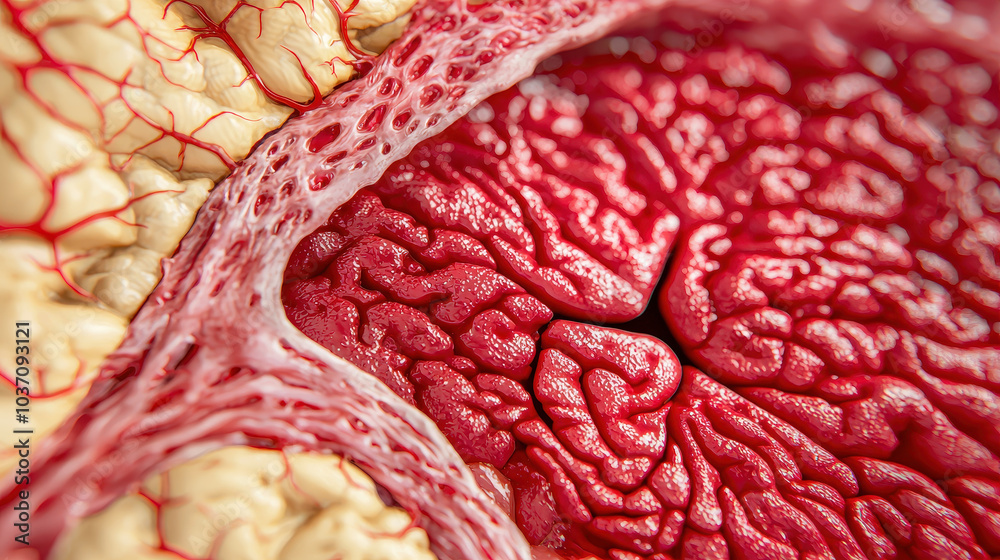 Poster A close-up view of brain tissue, highlighting intricate textures and vascular structures in rich red and pale yellow hues.