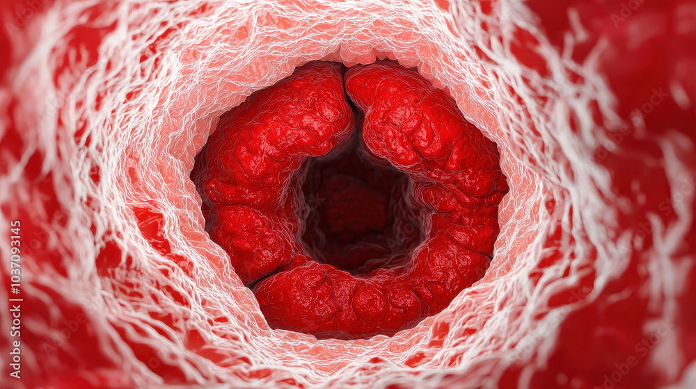 Fototapete a vibrant close-up of red tissue showcasing intricate details resembling cellular structures, possib