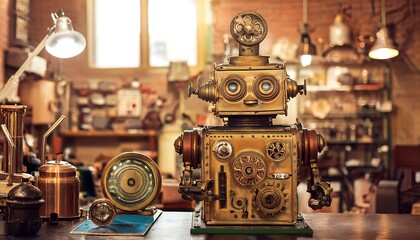Fototapeta premium a steampunk robot with intricate gears and brass fittings.