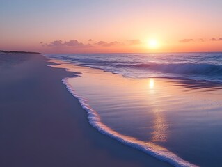 Fototapeta premium A serene beach scene at sunset, featuring soft waves lapping at the shore, bathed in warm, pastel hues of orange and pink.