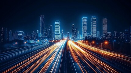 A long exposure shot of a highway in a city at night, with the cityscape in the background. The highway is lit up with streaks of light from moving cars.