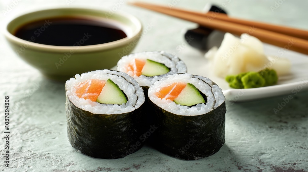 Poster three sushi rolls filled with cucumber and salmon are presented with soy sauce, wasabi, and pickled 