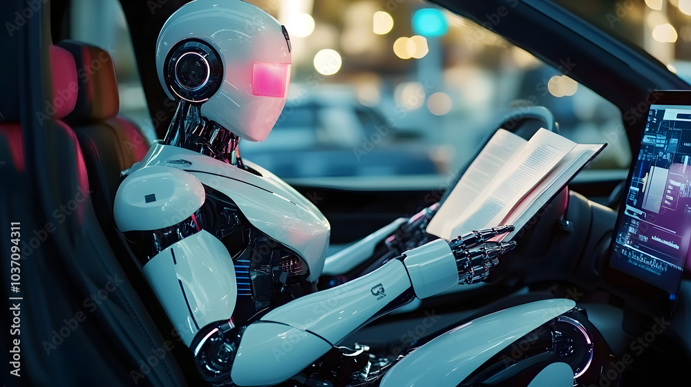 Canvas Prints futuristic robot reads in sleek self-driving vehicle.