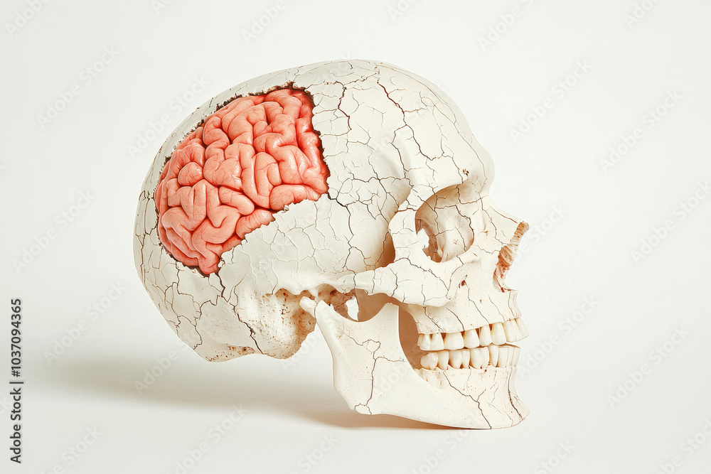 Poster A side view of a skull model displaying a pink brain, illustrating the connection between anatomy and neuroscience.