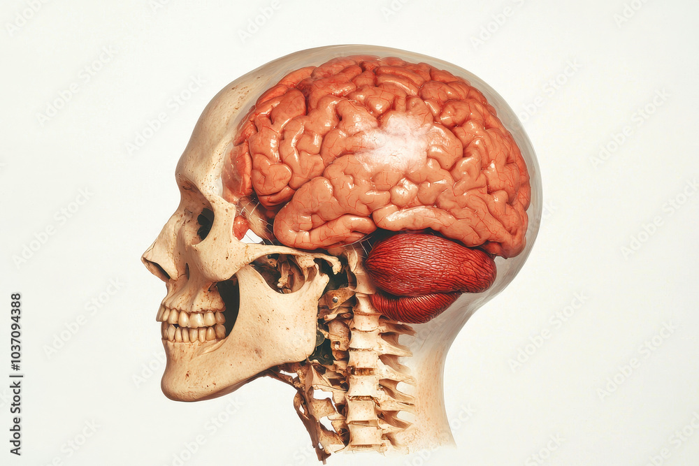 Poster a detailed anatomical illustration showing the side view of a human skull and brain structure, highl