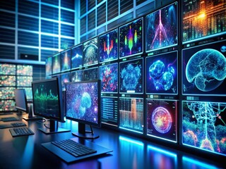 Fototapeta premium Abstract Digital Laboratory with AI Diagnosis Displays and High Depth of Field