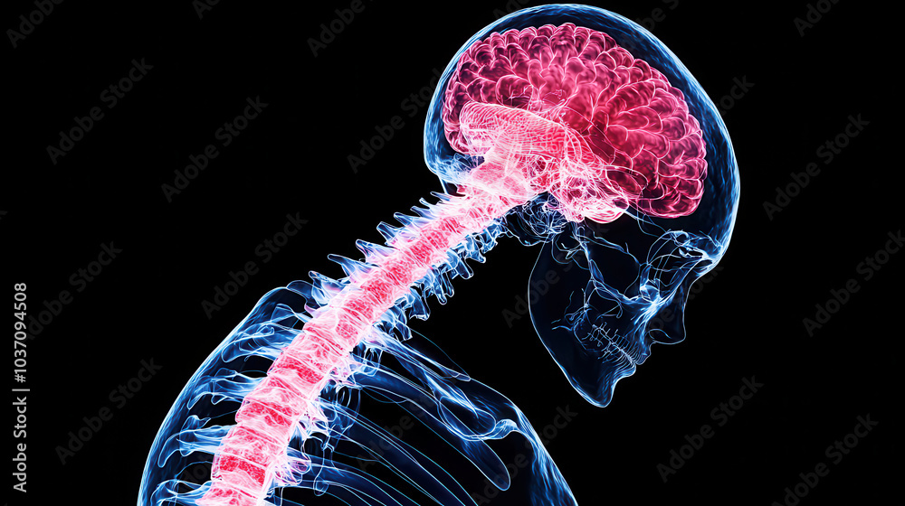 Poster This image depicts a glowing representation of a human brain connected to a vibrant spinal cord, illustrating the nervous system's complexity.