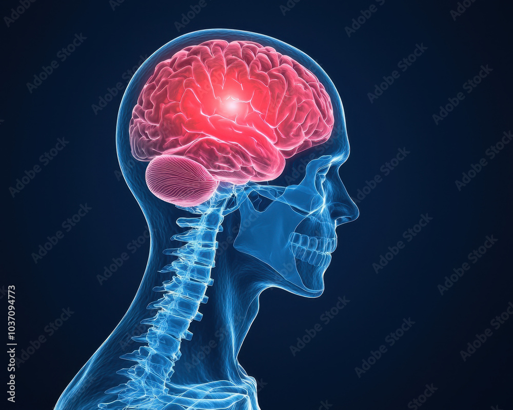 Poster A glowing illustration of a human brain within a transparent skull, highlighting neurological functions and anatomical structure against a dark background.