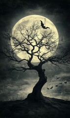 Fototapeta premium Silhouetted tree and bats against a full moon.